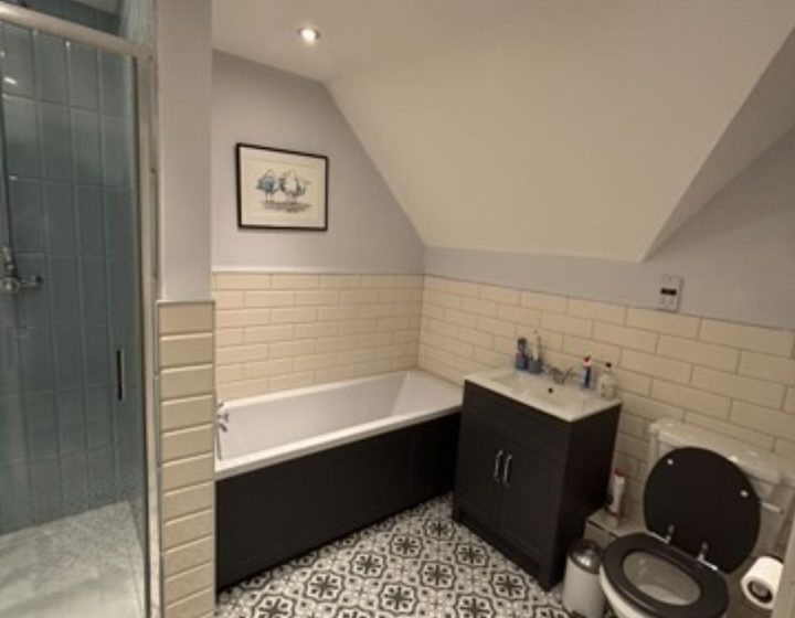 Compact bathroom with patterned floor and shower screen